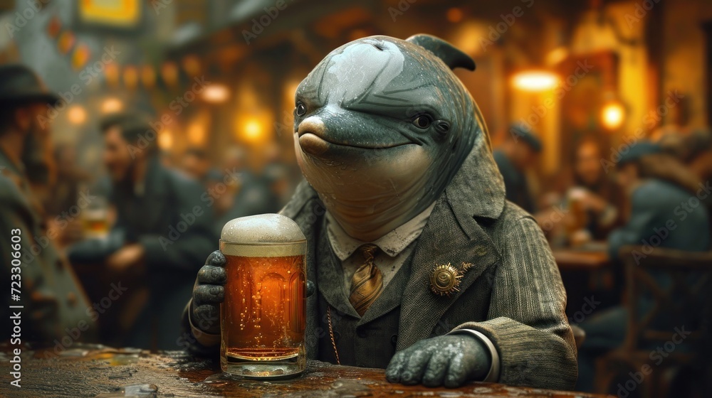  a statue of a turtle holding a mug of beer in front of a man sitting at a table in a pub.