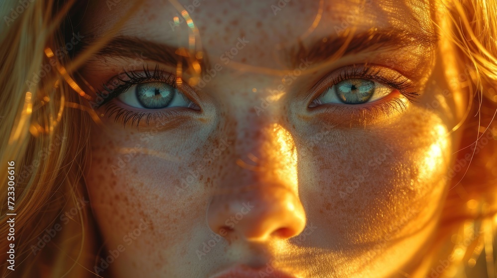 a close up of a woman's face with freckled hair and freckled freckled eyes. a close up of a woman's face with freckled hair and freckled freckled eyes.