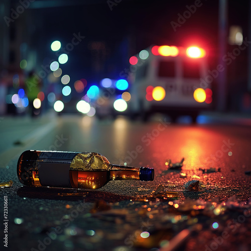 Crashed car scene with alcohol bottle in view, emphasizing dangers of drunk driving
