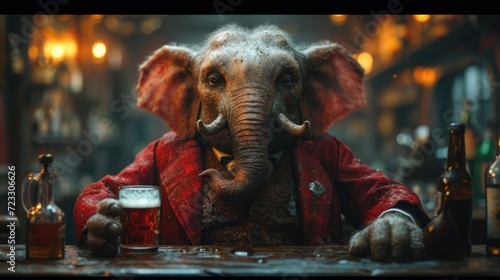  an elephant in a red jacket sitting at a table with a beer in front of him and a bottle of beer in front of him.