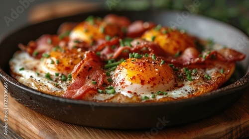  a pan filled with eggs and bacon on top of a wooden cutting board on top of a wooden cutting board.