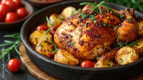  a close up of a chicken in a pan with potatoes and tomatoes on a wooden cutting board next to tomatoes.