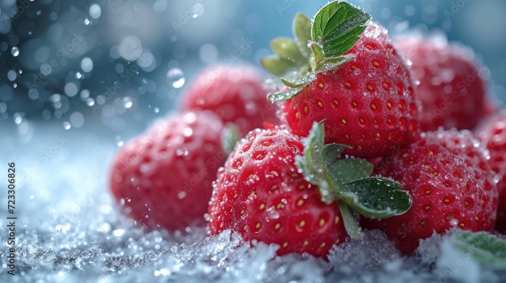 a pile of strawberries sitting on top of a pile of snow covered ground with a green leaf on top of one of the strawberries. a pile of strawberries sitting on top of a pile of snow covered ground with a green leaf on top of one of the strawberries.