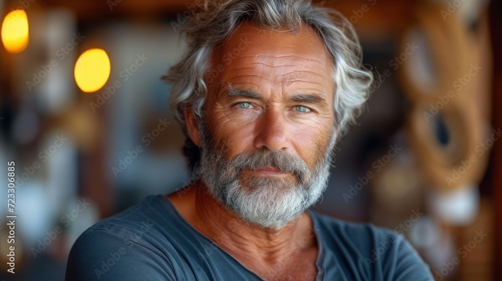 a close up of a man with grey hair and a beard wearing a blue shirt and looking at the camera. a close up of a man with grey hair and a beard wearing a blue shirt and looking at the camera.