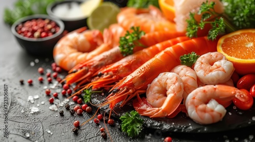  a close up of a plate of food with shrimp, tomatoes, broccoli, carrots, and cranberries.