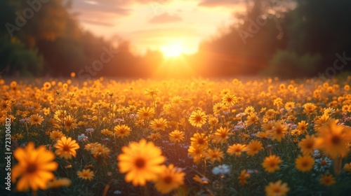  a field full of yellow flowers with the sun setting in the middle of the field in the middle of the day.