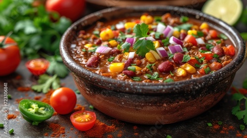  a close up of a bowl of food on a table with tomatoes  peppers  cilantro  and parsley on the side of the bowl and on the table.