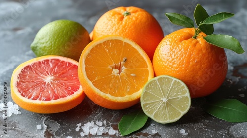  a group of oranges, limes, and grapefruits sitting on top of a gray surface.