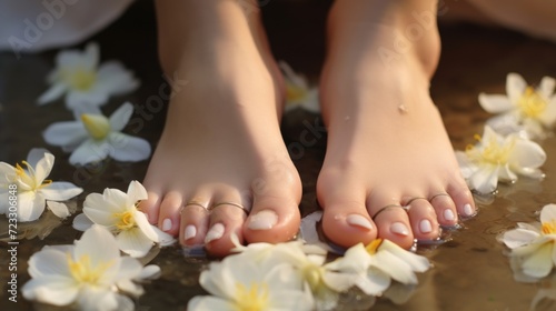 A close up view of a person's feet with colorful flowers scattered on the ground. This image can be used to depict a leisurely walk in a garden or to symbolize the arrival of spring