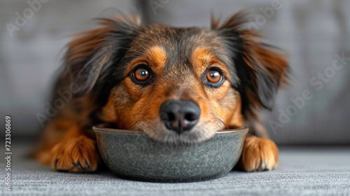  a close up of a dog laying on a couch with a bowl of food in front of it's face.