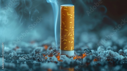  a cigarette with smoke coming out of it sitting on top of a pile of snow covered ground in front of a black background.