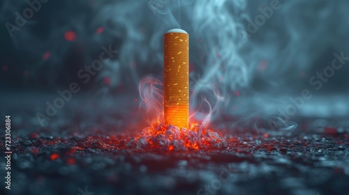  a cigarette sitting on top of a pile of dirt next to a pile of fire and smoke coming out of it.