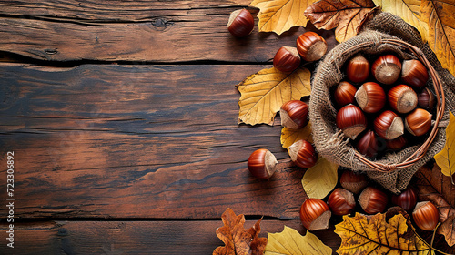 Chestnut fruits on an oak table, top view, autumn banner, space for text. Generated AI