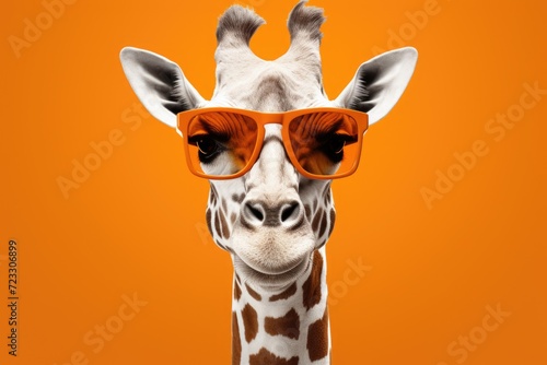 Giraffe wearing sunglasses on an orange background. Perfect for summer-themed designs and animal lovers