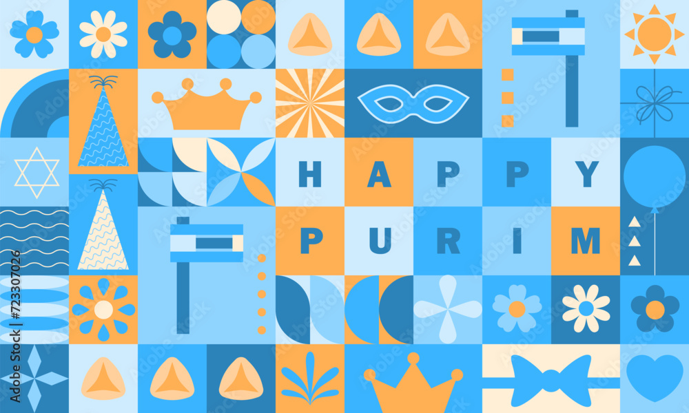 Jewish holiday, Purim background, banner, flat geometric style. Day of Purim Holiday. Purim concept design