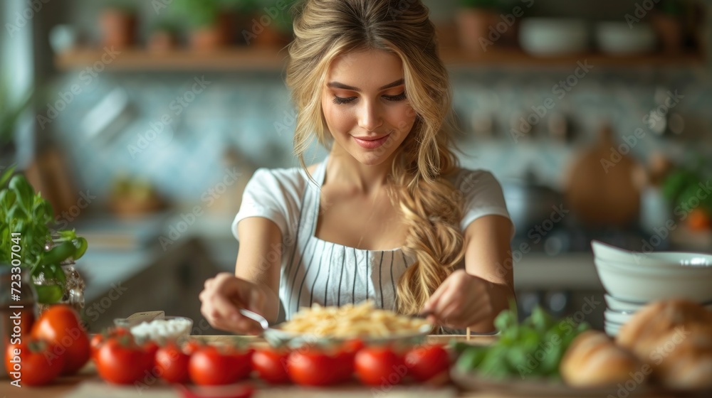  a woman standing in front of a cutting board with a knife and a bowl of food on top of it.