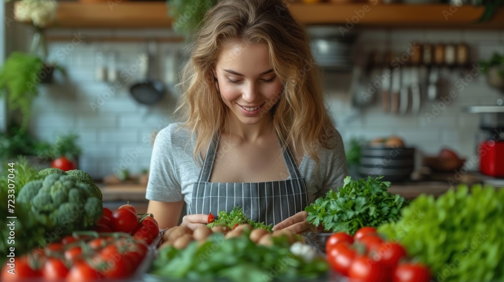  a woman standing in front of a table filled with lots of green and red vegetables and smiling at the camera.