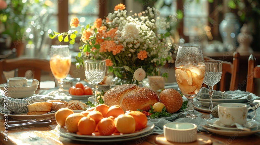  a table is set with bread, oranges, orange juice, and a vase of flowers with white flowers in the background and a vase with oranges in the foreground.
