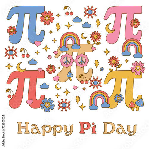 Happy Pi Day! Celebrate Pi Day. Mathematical constant. March 14th. 3.14. Ratio of a circles circumference to its diameter. Constant number Pi. Hippi style