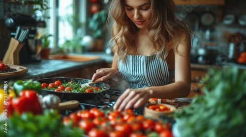  a woman preparing food in a kitchen with lots of tomatoes and lettuce on the counter and on the stove.