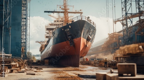 A large ship is sitting in a dry dock. This image can be used to depict ship maintenance, repairs, or the maritime industry photo