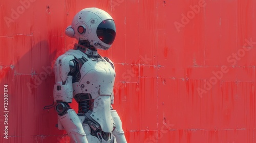  a robot standing next to a red wall with his hands on his hips while wearing a white suit with a black helmet and a pair of hands on his hips.