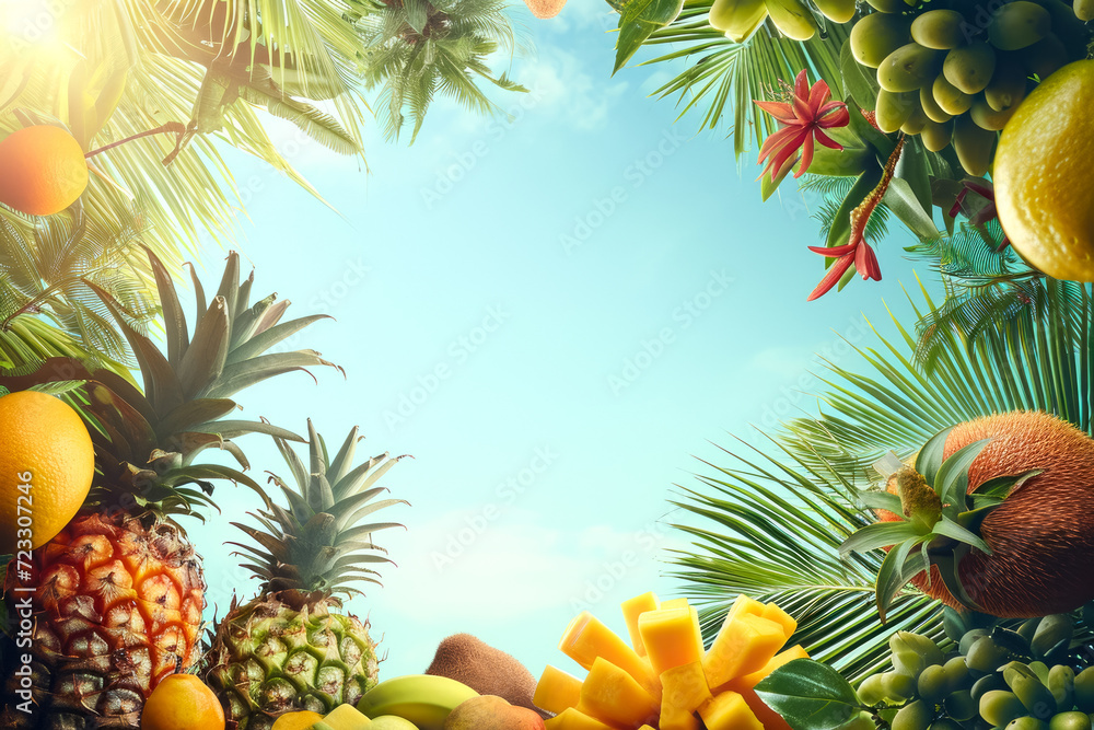 tropical-themed background with palm trees and exotic fruits