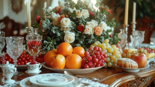  a table topped with a bowl of fruit and a plate of fruit next to a vase filled with flowers and a cup filled with fruit on top of another plate.