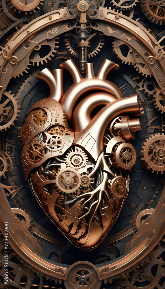 A human heart made of metal with gears, devices and siphons in steampunk style