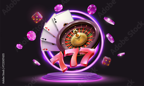 Gambling vector design with neon lights,poker cards, dices, roulette wheel and playing chips. Winning combination numbers of lucky three sevens jackpot. 