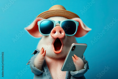 Shocked pig in sunglasses holding smartphone on solid bright blue background. ai generative © Igor