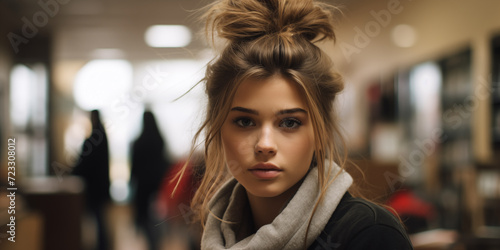 Attractive teenage girl in a bookstore  school library. Training  education  self-development