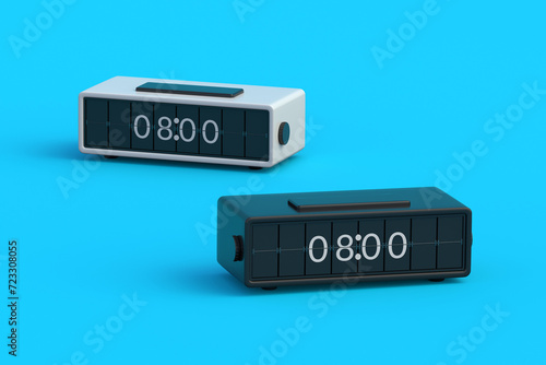 Two retro flip clocks on blue background. Mechanical watches. Electromechanical devices with split-flap display. Office accessories. Business equipment. 3d render