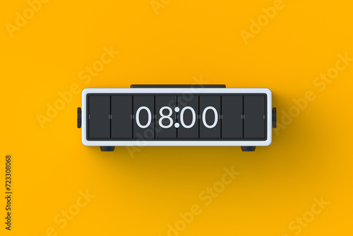 Mechanical watch. Retro flip clock on orange background. Electromechanical device with split-flap display. Office accessories. Business equipment. Top view. 3d render photo