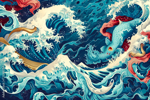water-themed design with ocean waves and underwater creatures