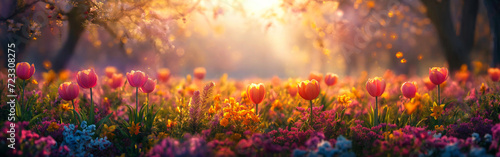 A springtime banner of field filled with a variety of flowers like tulips, daffodils, and cherry blossoms, in an array of bright pinks, yellows and purples. The warm, golden light of a spring morning © bluebeat76