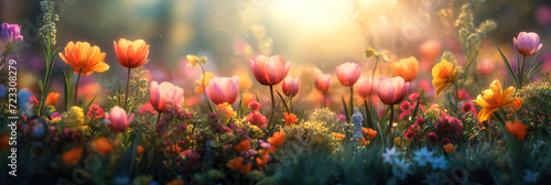 A springtime banner of field filled with a variety of flowers like tulips, daffodils, and cherry blossoms, in an array of bright pinks, yellows and purples. The warm, golden light of a spring morning