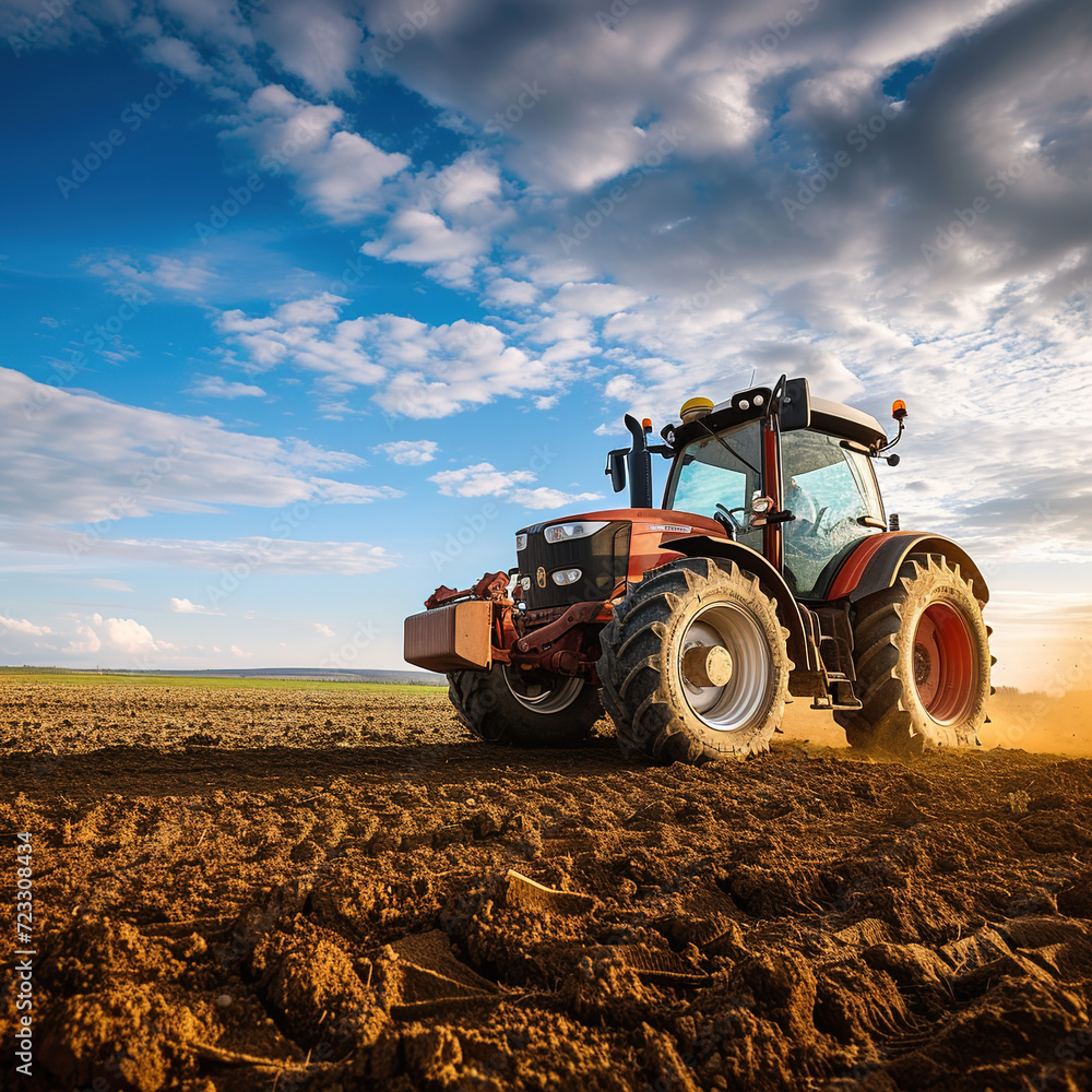 Fototapeta premium Farmer driving modern tractor, close-up on driver, robust machinery, blue sky, field background