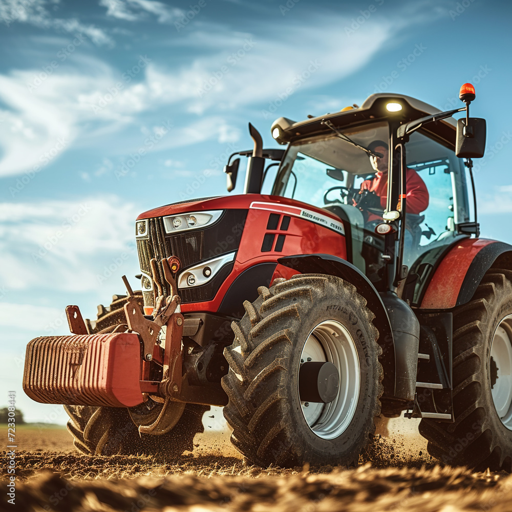 Farmer driving modern tractor, close-up on driver, robust machinery, blue sky, field background Farmer driving modern tractor, close-up on driver, robust machinery, blue sky, field background