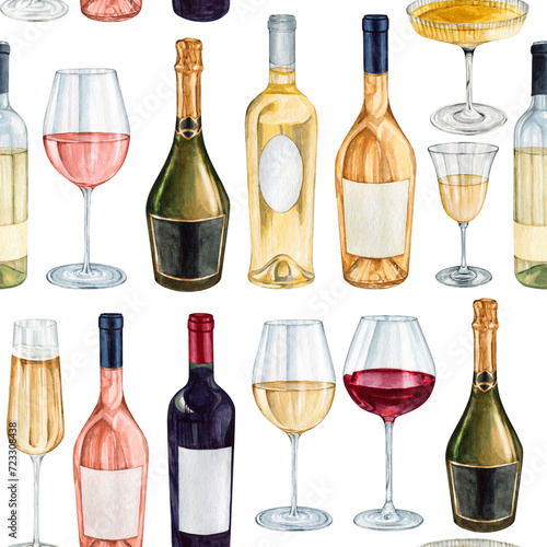 Watercolor wine story seamless pattern