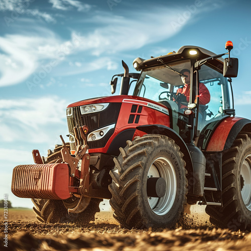 Farmer driving modern tractor  close-up on driver  robust machinery  blue sky  field background
