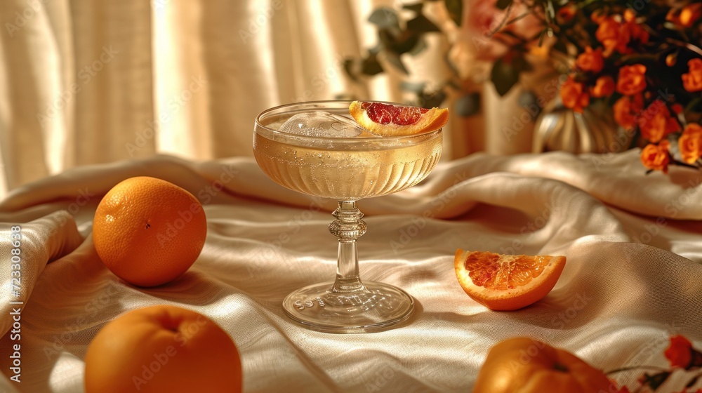 a close up of a wine glass on a table with grapefruits and oranges in the foreground and a vase of flowers in the background with oranges in the foreground. a close up of a wine glass on a table with grapefruits and oranges in the foreground and a vase of flowers in the background with oranges in the foreground.