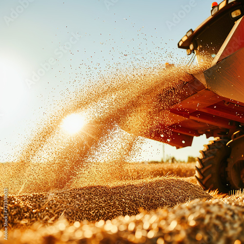 Farmer using loader for harvest, close-up action, powerful machine, grain pile, bright light