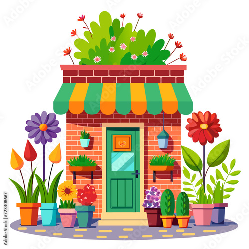 Vector flower stall flat illustration. Floral market flat style with different colorful flowers