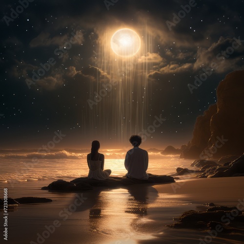 Two lovers on beach at night and landscape of sea with sky and moon.