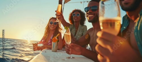 Group happy rich people have a party in yacht with drink champagne at summer day. AI generated image photo