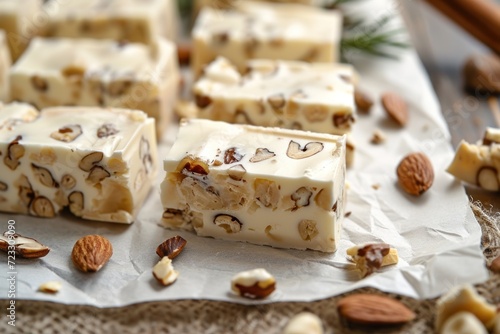 Closeup of parchment paper with delicious nutty nougat pieces
