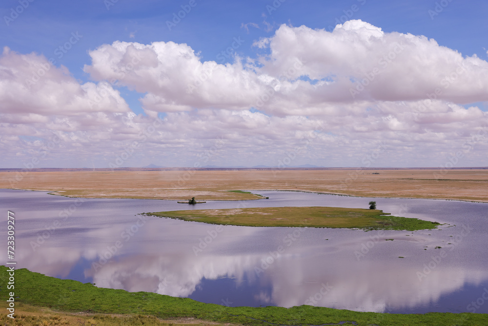 Amboseli lake landscape with reflecting clouds 