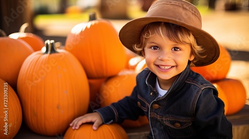 Cute little boy with halloween pumpkins at ranch