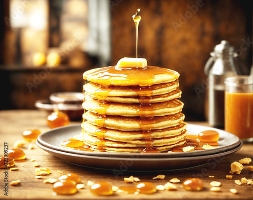 delicious caramel glazed pancakes stack isolated on wooden table background